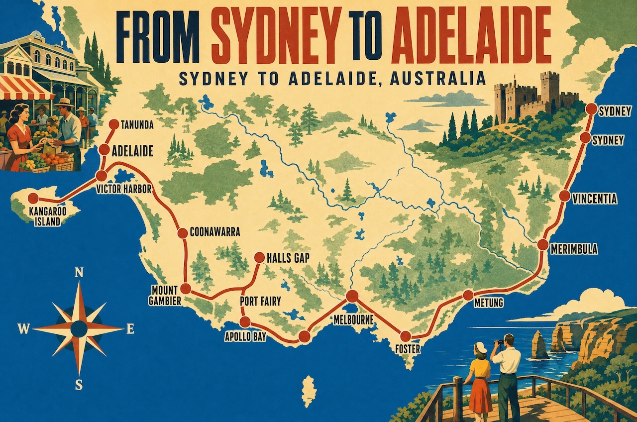 Custom route map from Sydney to Adelaide