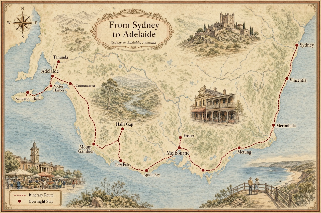 Vintage-style custom map of the Sydney to Adelaide route